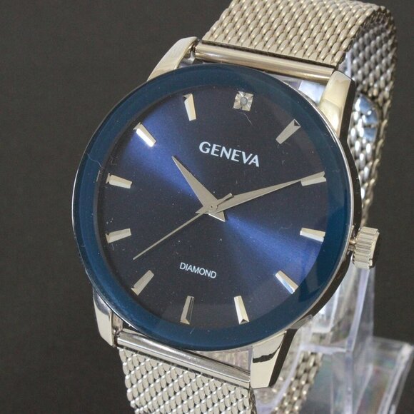 Geneva Other - Geneva Men's Dress Watch Diamond At 12 Blue Dial Milanese Bracelet 42mm